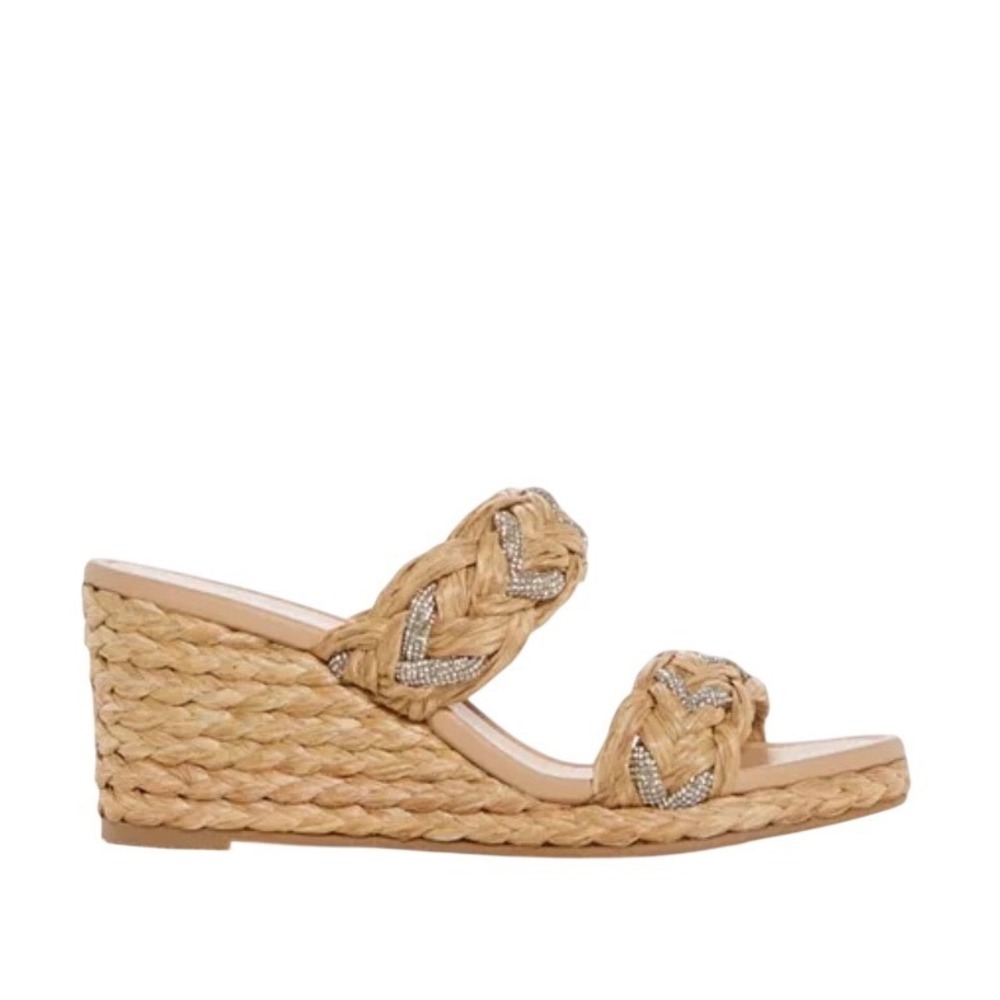 Stuart Weitzman Braided Raffia Crystal Wedge Sandals Natural Tan Women Size 8 - Picture 14 of 14